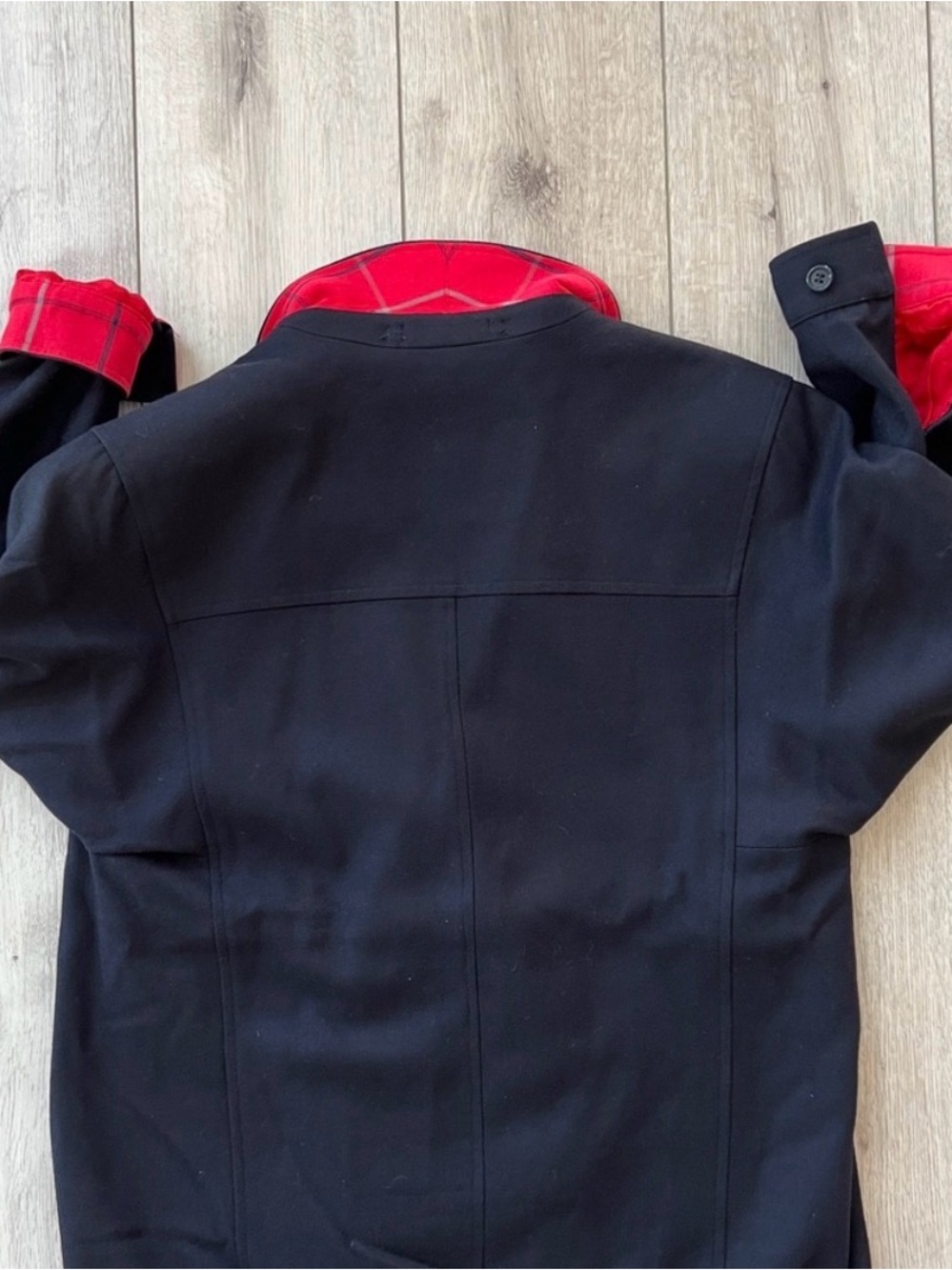 BURBERRY Black Double-Breasted Wool Blazer with Red Plaid Lining - Picture 4 of 14